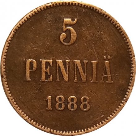 Финляндия 5 пенни 1888 год - Александр III - VF+