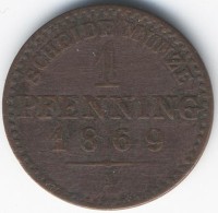 Монета Пруссия 1 пфеннинг 1869 год (А)