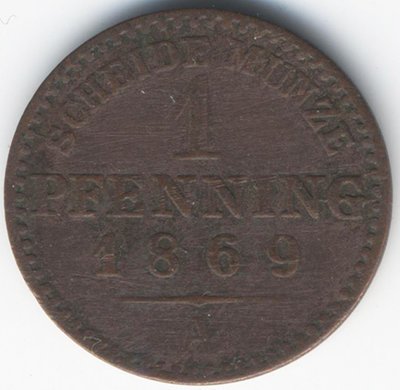 Пруссия 1 пфеннинг 1869 год (А)