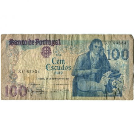 Португалия 100 эскудо 1981 год - Поэт Мануэл Мария Барбоза ду Бокаже. Площадь Росси в Лиссабоне F