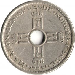 Норвегия 1 крона 1951 год - Король Хокон VII (с отверстием)