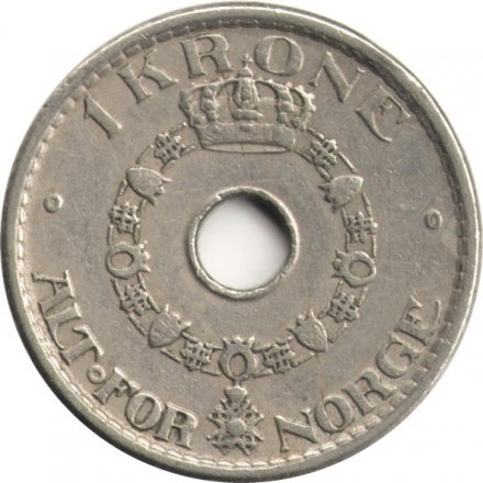 Норвегия 1 крона 1951 год - Король Хокон VII (с отверстием)