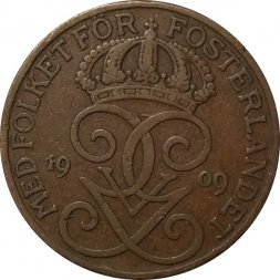 Швеция 5 эре 1909 год (малый крест)