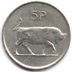 Ирландия 5 пенсов 1990 год - Бык. Кельтская арфа