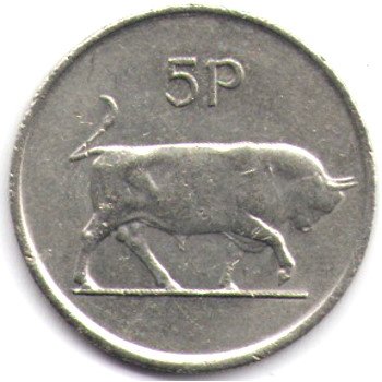 Ирландия 5 пенсов 1990 год - Бык. Кельтская арфа