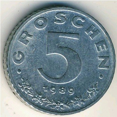 Австрия 5 грошей 1989 год