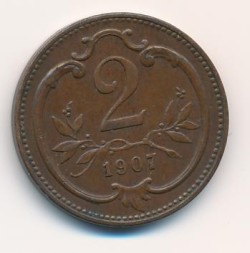 Монета Австрия 2 геллера 1907 год