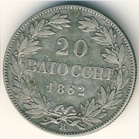 Монета Папская область 20 байоччо 1862 год