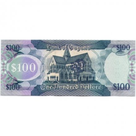Гайана 100 долларов 2022 год - Герб и карта. Собор Джорджтаун UNC