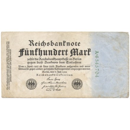Германия (Веймарская республика) 500 марок 1922 год - F-VF