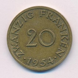 Монета Саар 20 франков 1954 год