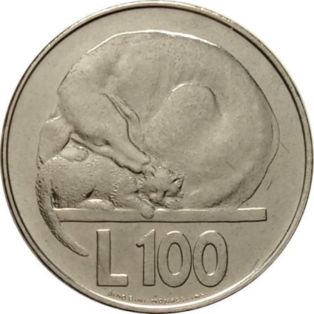 Сан-Марино 100 лир 1975 год - Любовь у животных. Кошка и собака