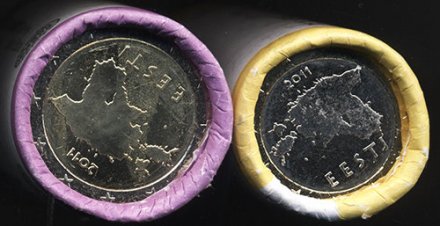 Набор из 2 банковских роллов 1 и 2 евро Эстонии 2011 год (50 монет)