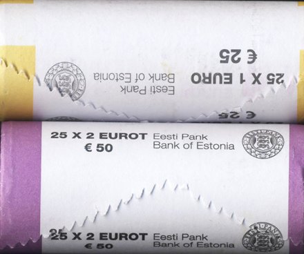 Набор из 2 банковских роллов 1 и 2 евро Эстонии 2011 год (50 монет)