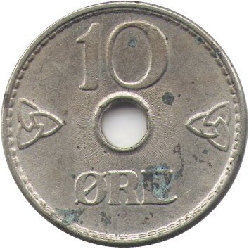 Норвегия 10 эре 1951 год - Король Хокон VII (с отверстием)
