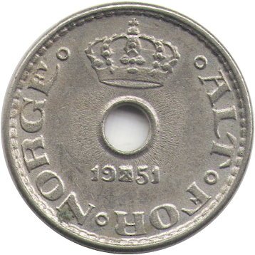 Норвегия 10 эре 1951 год - Король Хокон VII (с отверстием)