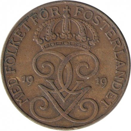 Швеция 5 эре 1919 год - Король Густав V (бронза)