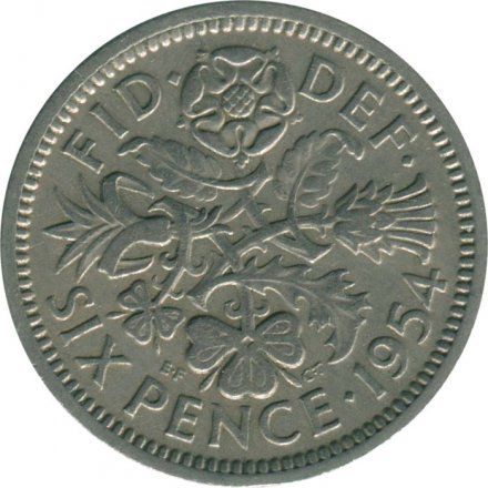 Великобритания 6 пенсов 1954 год