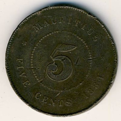 Маврикий 5 центов 1884 год