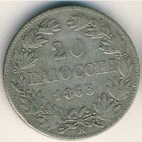 Монета Папская область 20 байоччо 1863 год