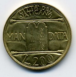 Ватикан 200 лир 1993 год - Папа Иоанн Павел II. Десять заповедей