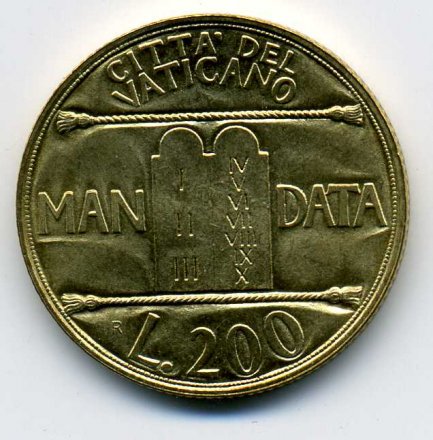 Ватикан 200 лир 1993 год - Папа Иоанн Павел II. Десять заповедей