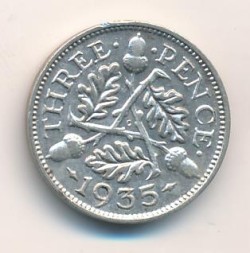 Монета Великобритания 3 пенса 1935 год - Король Георг V