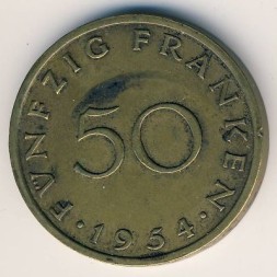 Монета Саар 50 франков 1954 год