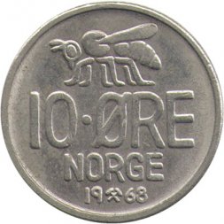 Норвегия 10 эре 1968 год - Король Улаф V. Пчела