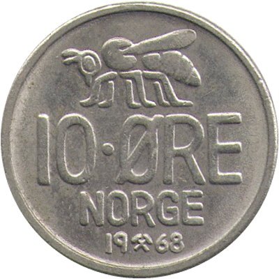 Норвегия 10 эре 1968 год - Король Улаф V. Пчела