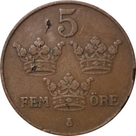 Швеция 5 эре 1919 год - Король Густав V (бронза)