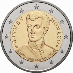 Монако 2 евро 2019 год - 200-летие вступления на престол князя Монако Оноре V