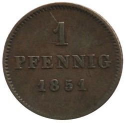 Монета Бавария 1 пфенниг 1851 год