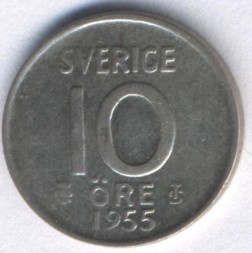 Швеция 10 эре 1955 год - Король Густав VI Адольф