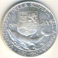 Италия 200 лир 1989 год - 500-летие открытия Америки Христофором Колумбом. Дельфин
