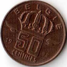 Бельгия 50 сантимов 1992 год BELGIE