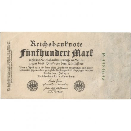 Германия (Веймарская республика) 500 марок 1922 год - VF