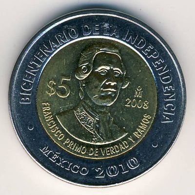 Мексика 5 песо 2008 год - Франсиско Примо де Вердад и Рамос