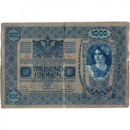 Австро-Венгрия 1000 крон 1902 год - вертикальная надпечатка - F