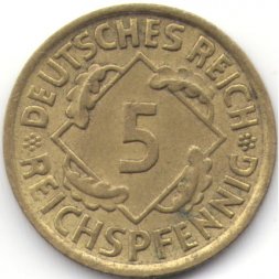 Веймарская республика 5 рейхспфеннигов 1925 год (A)