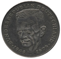 Монета ФРГ 2 марки 1990 год - Курт Шумахер (J)