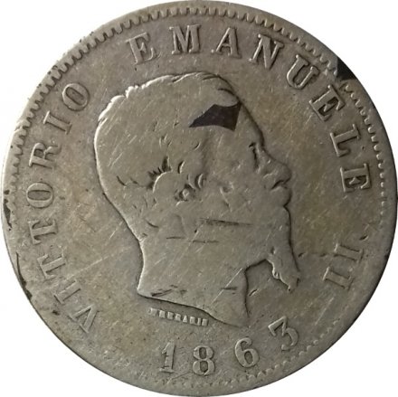 Италия 1 лира 1863 год - Король Виктор Эммануил II (Номинал на реверсе, М)