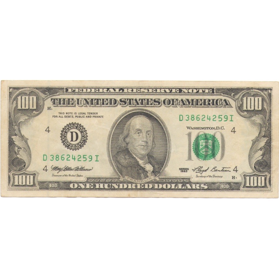 Бумажный доллар цена. Американская купюра 100 долларов. 100 Долларов США 1993 года. Купюра 100 долларов США 1993 года. Банкнота 100 долларов 1993 США.