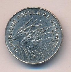Монета Конго 100 франков 1972 год - Западная канна (антилопы)