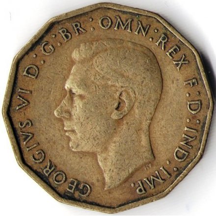Великобритания 3 пенса 1937 год - Король Георг VI (никель-латунь)