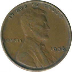 США 1 цент 1936 год - Авраам Линкольн (без отметки МД)