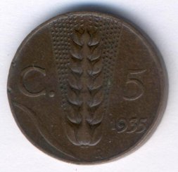 Италия 5 чентезимо 1935 год - Король Виктор Эммануил III