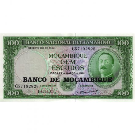 Мозамбик 100 эскудо 1961 год - Айрес де Орнелас. Логотип банка XF+