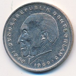 ФРГ 2 марки 1969 год - Конрад Аденауэр. 20 лет Федеративной Республике (1949-1969) (G)