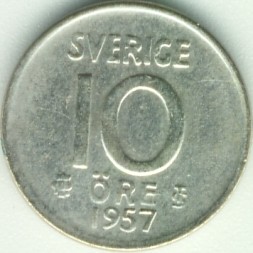 Швеция 10 эре 1957 год - Король Густав VI Адольф